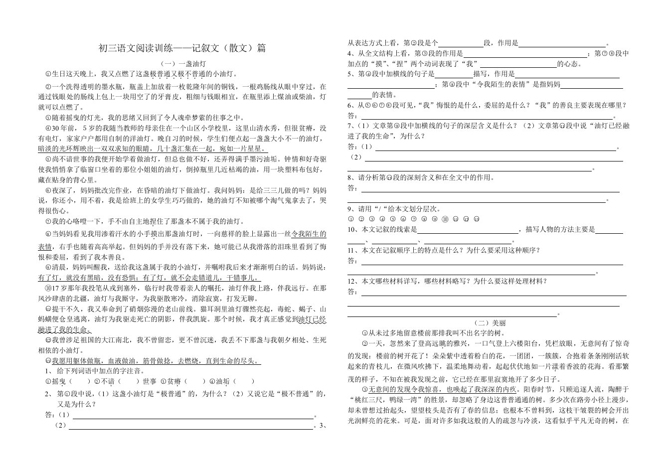 初三语文阅读训练-记叙文(散文)篇