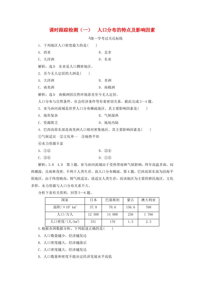 2019-2020学年新教材高中地理课时跟踪检测一人口分布的特点及影响因素中图版必修第二册