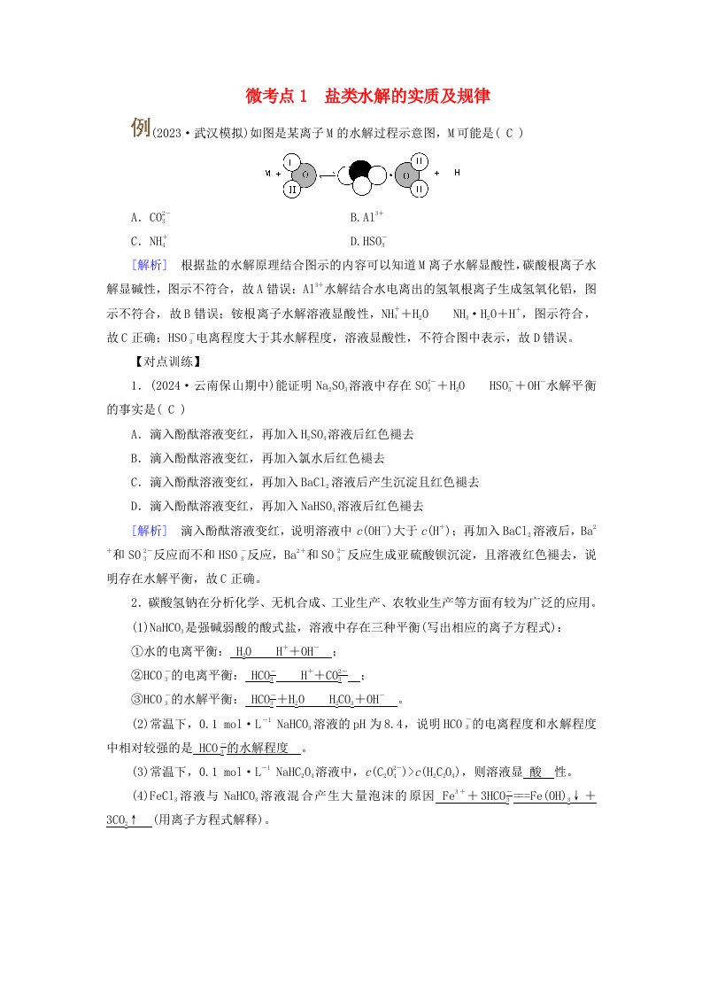 2025版高考化学一轮总复习提升训练第8章水溶液中的离子反应与平衡第29讲盐类的水解考点一盐类的水解及其规律微考点1盐类水解的实质及规律