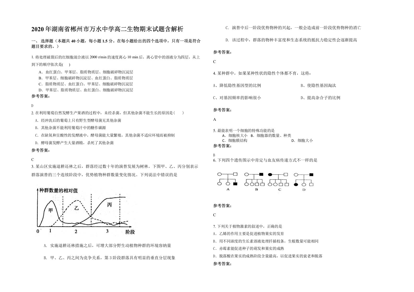 2020年湖南省郴州市万水中学高二生物期末试题含解析