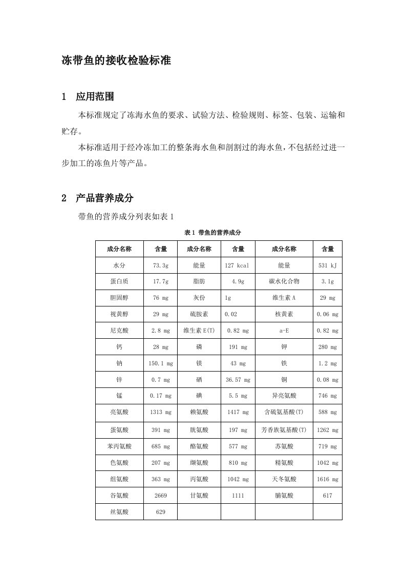 冻带鱼的接收检验标准