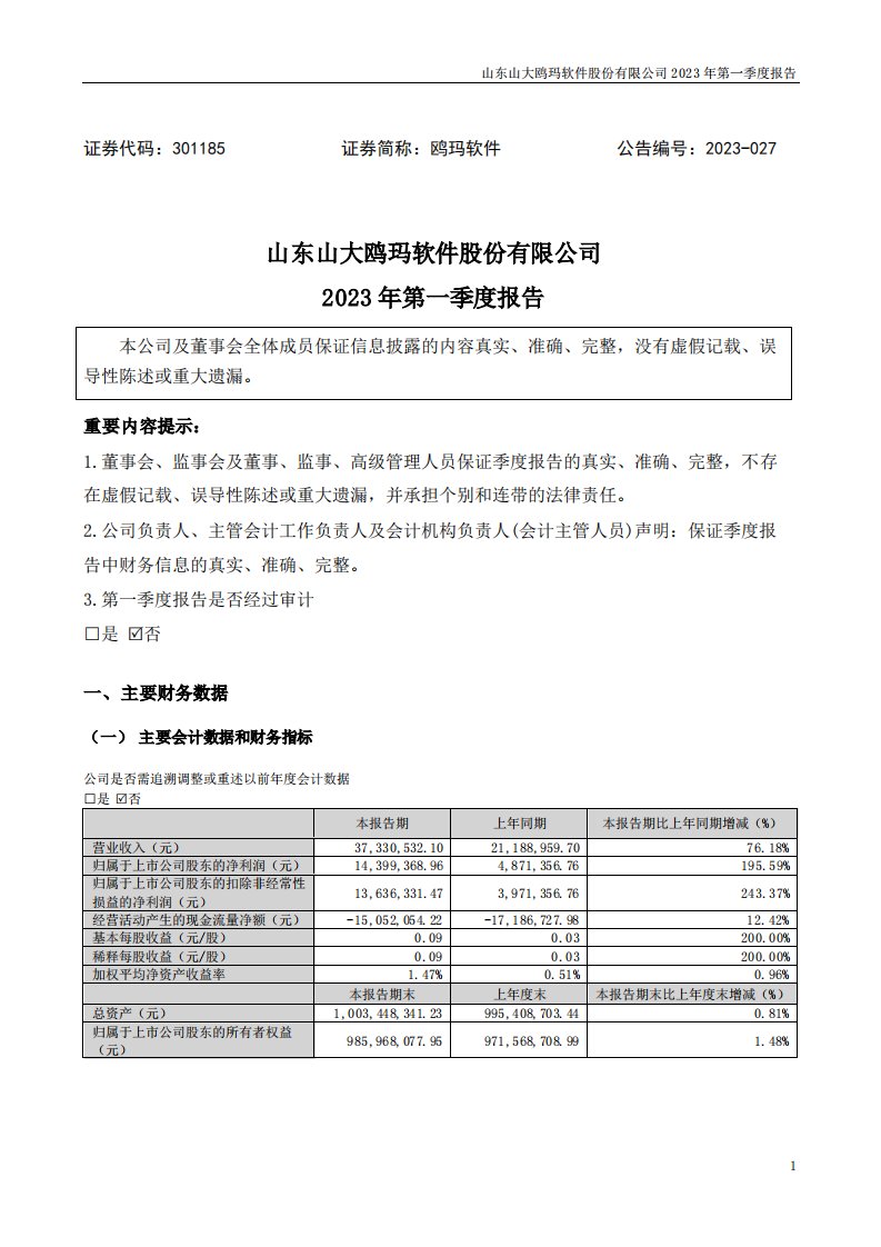 深交所-鸥玛软件：2023年一季度报告-20230427