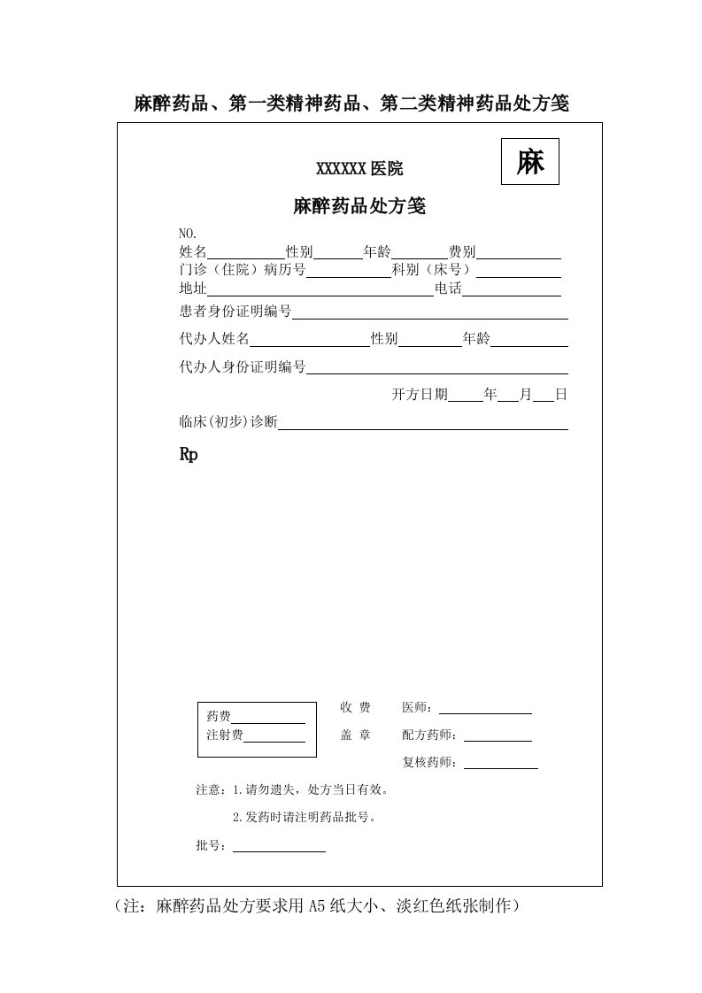 麻醉药品、第一类精神药品、第二类精神药品处方笺