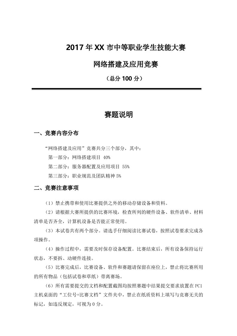 2017年XXX中等职业学生技能大赛——网络搭建及应用竞赛试题