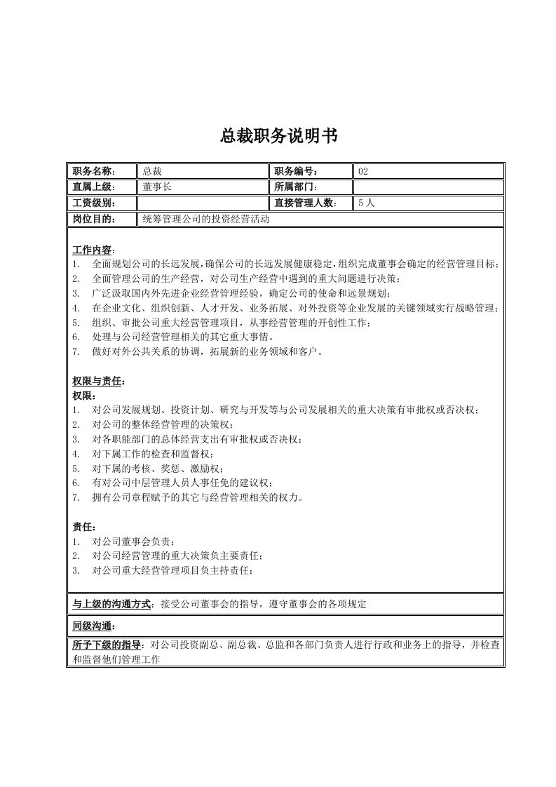 某投资集团总裁岗位职责(2页)