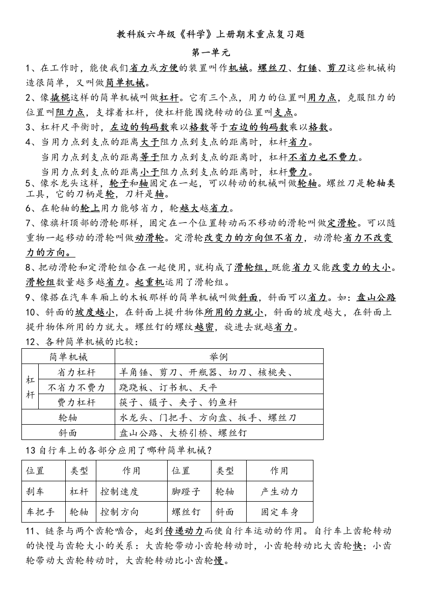 教科版六年级科学上册期末重点含实验答案