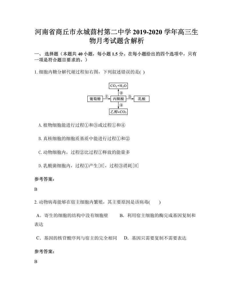 河南省商丘市永城茴村第二中学2019-2020学年高三生物月考试题含解析