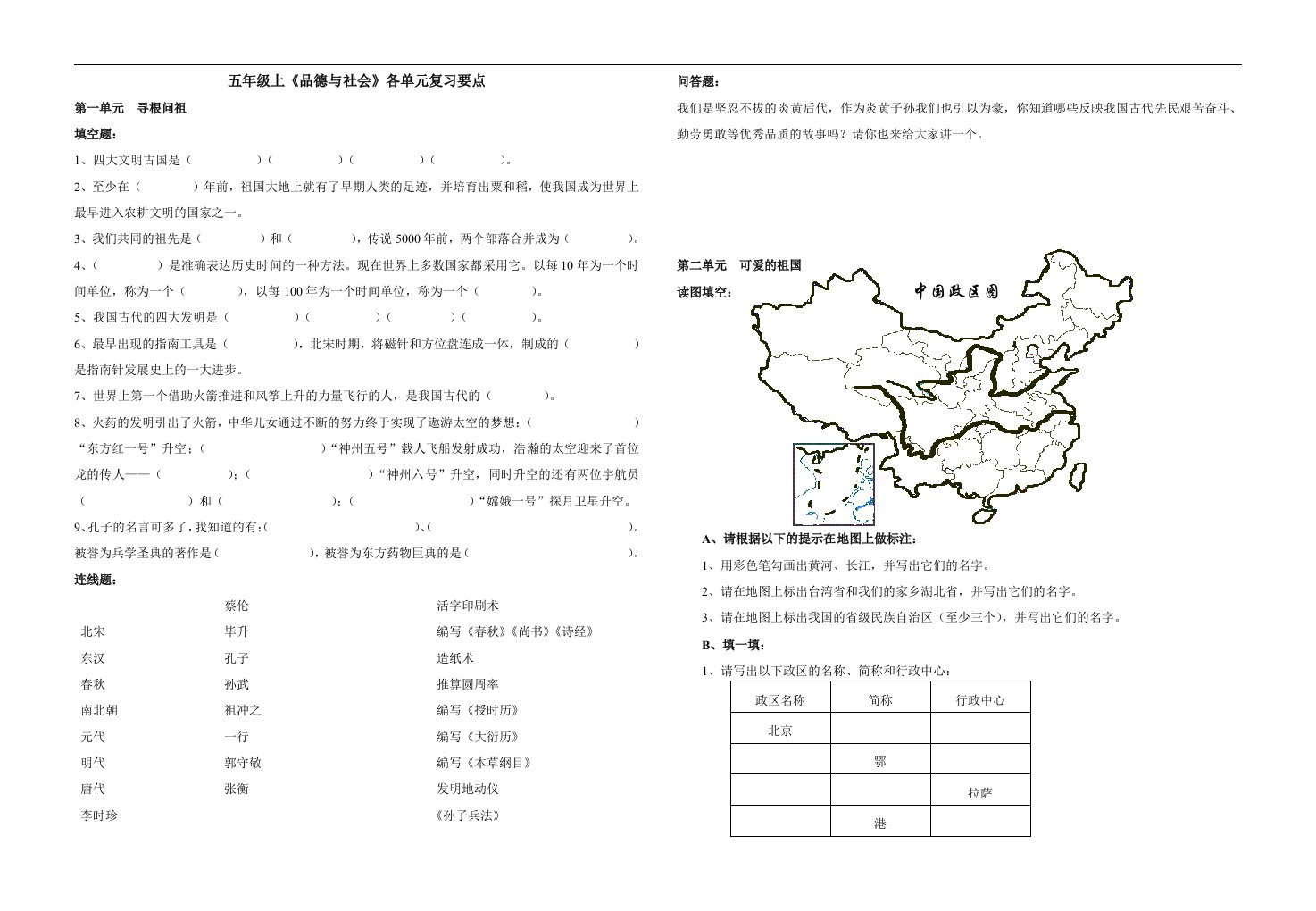 五年级上册品德与社会各单元复习要点