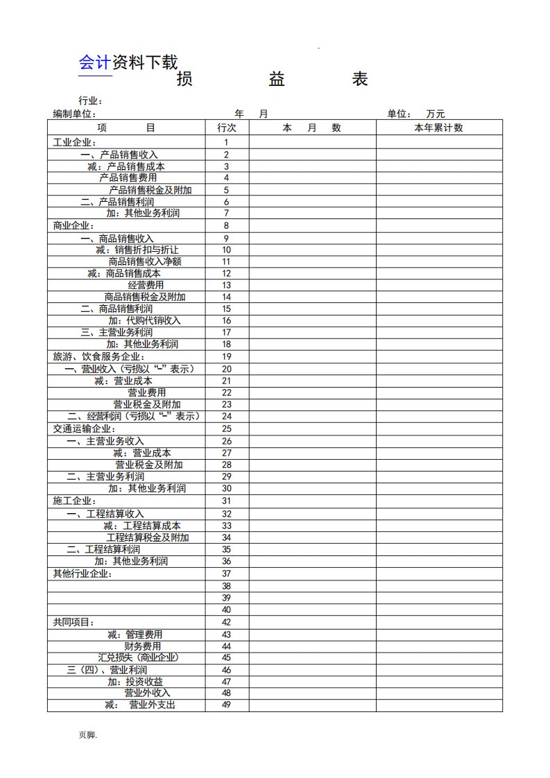 损益表表格模板