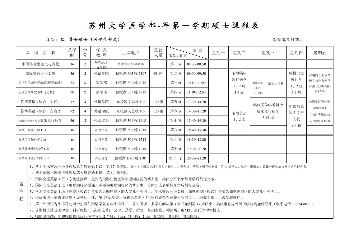 苏州大学医学部第一学期研究生课程表