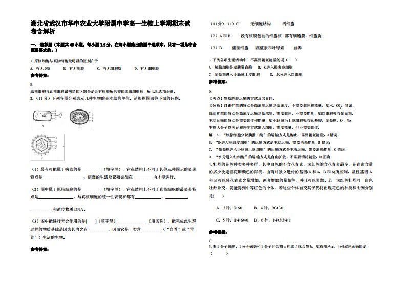 湖北省武汉市华中农业大学附属中学高一生物上学期期末试卷含解析