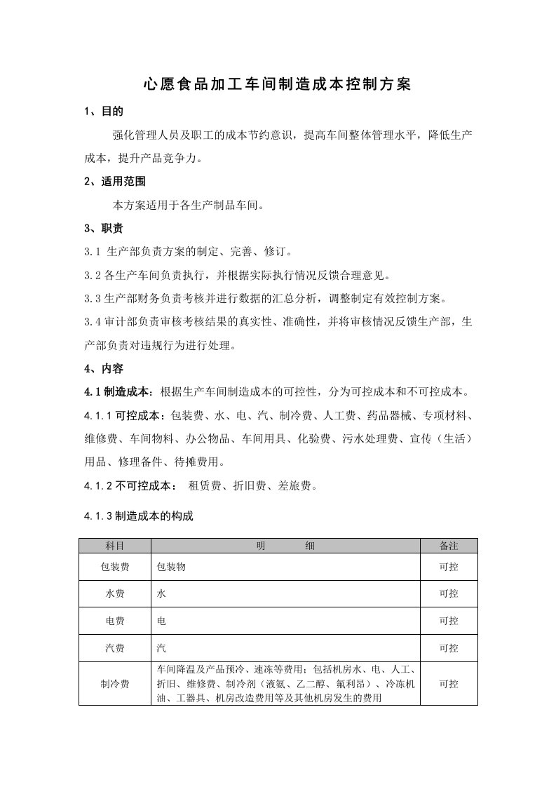 生产管理--心愿食品加工车间制造成本控制方案