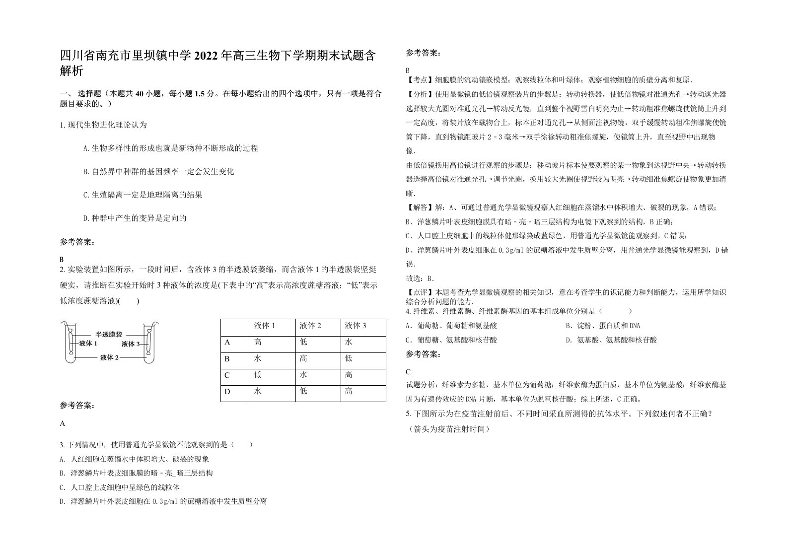 四川省南充市里坝镇中学2022年高三生物下学期期末试题含解析