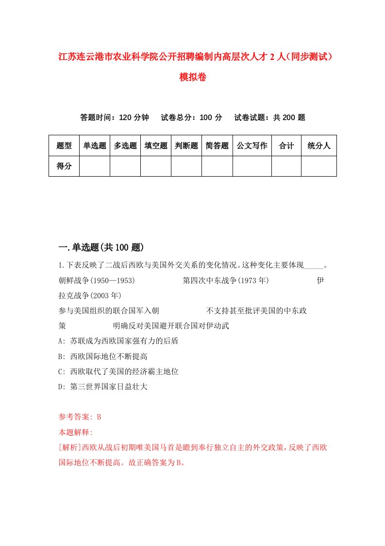 江苏连云港市农业科学院公开招聘编制内高层次人才2人同步测试模拟卷第88次