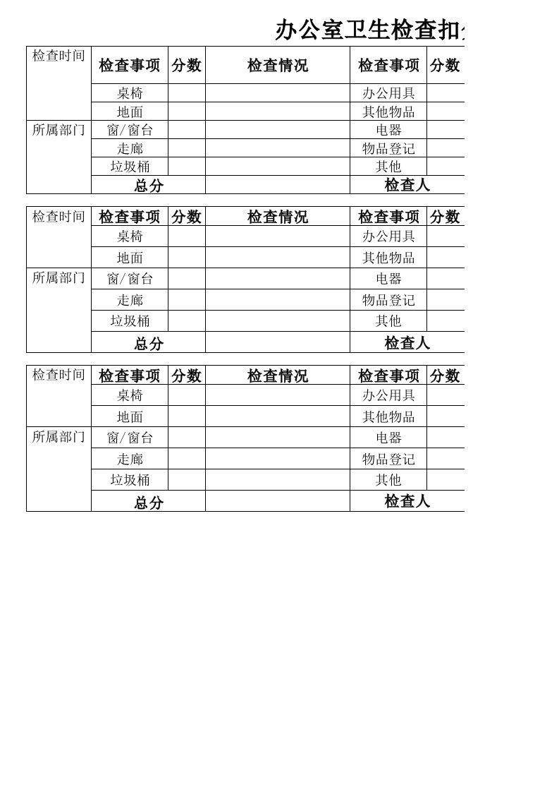 办公室卫生检查记录表