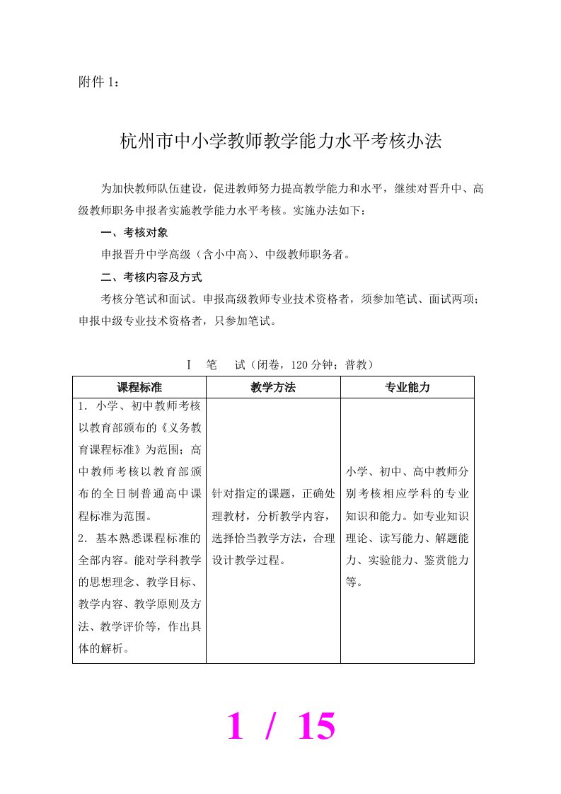 杭州市中小学教师教学能力水平考核办法