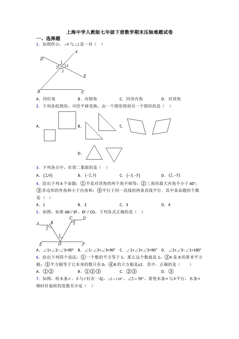 上海中学人教版七年级下册数学期末压轴难题试卷