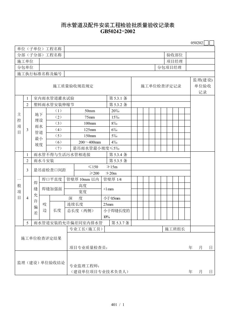 雨水管道及配件安装工程检验批质量验收记录表