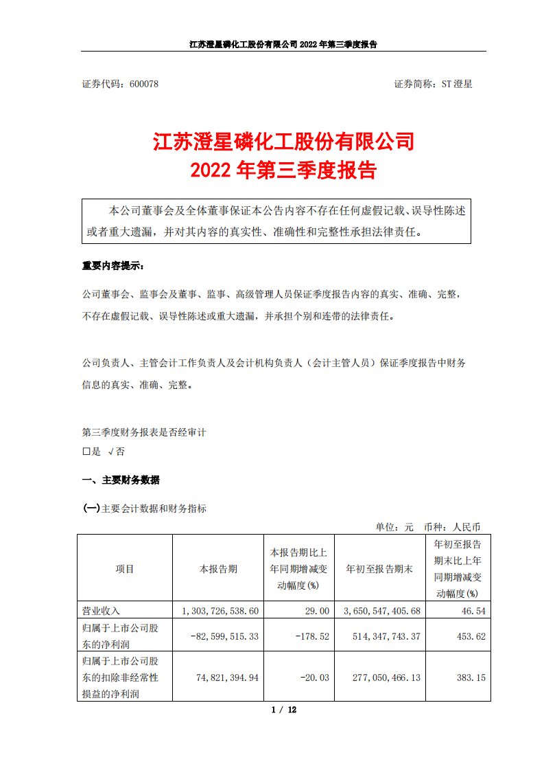 上交所-江苏澄星磷化工股份有限公司2022年第三季度报告-20221028