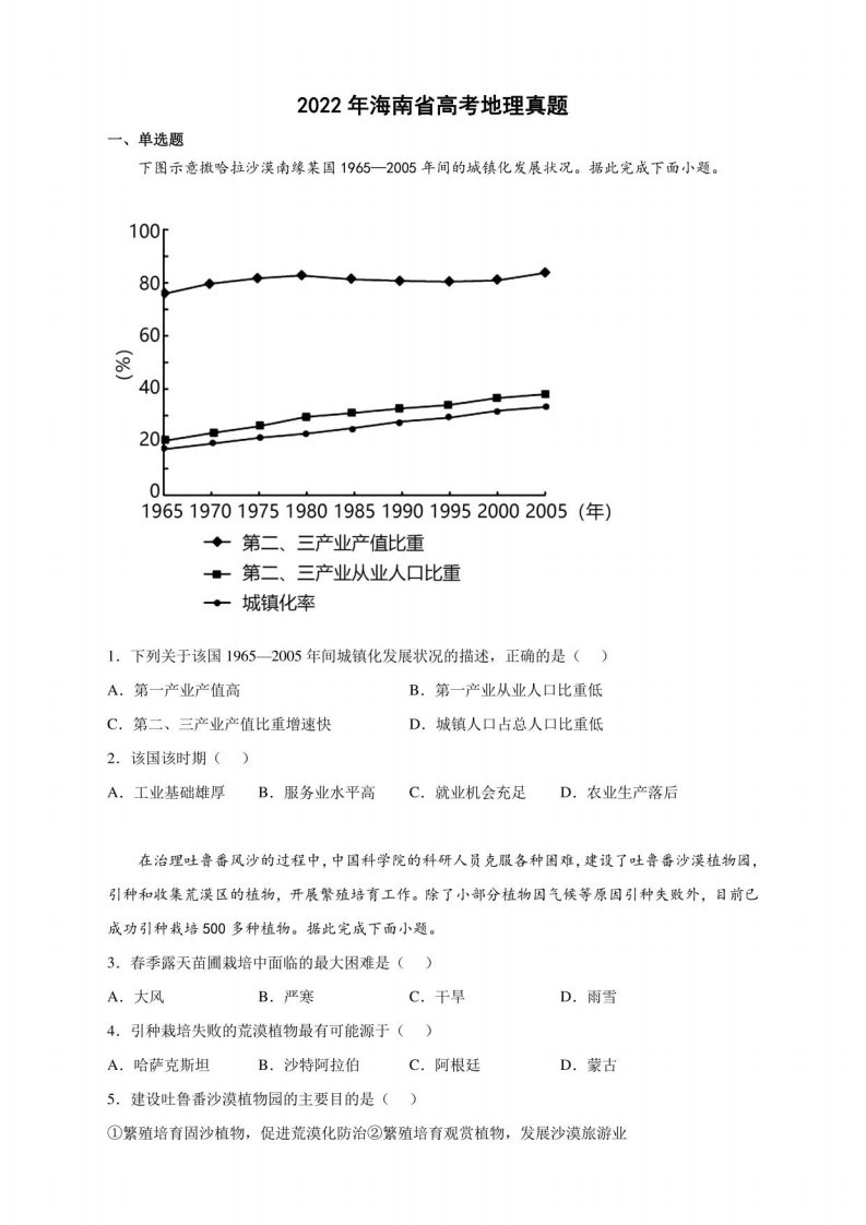 2022年海南省高考地理真题