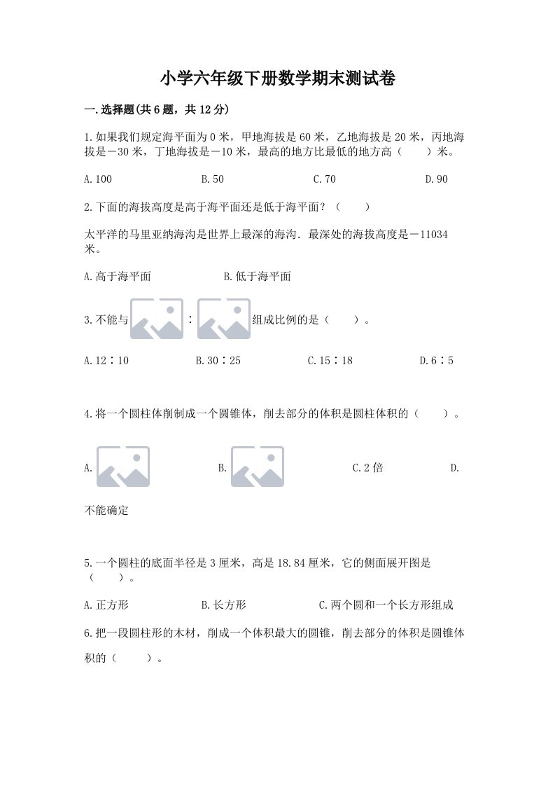 小学六年级下册数学期末测试卷【历年真题】