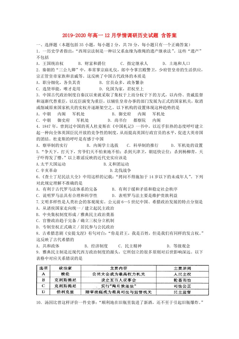 2019-2020年高一12月学情调研历史试题