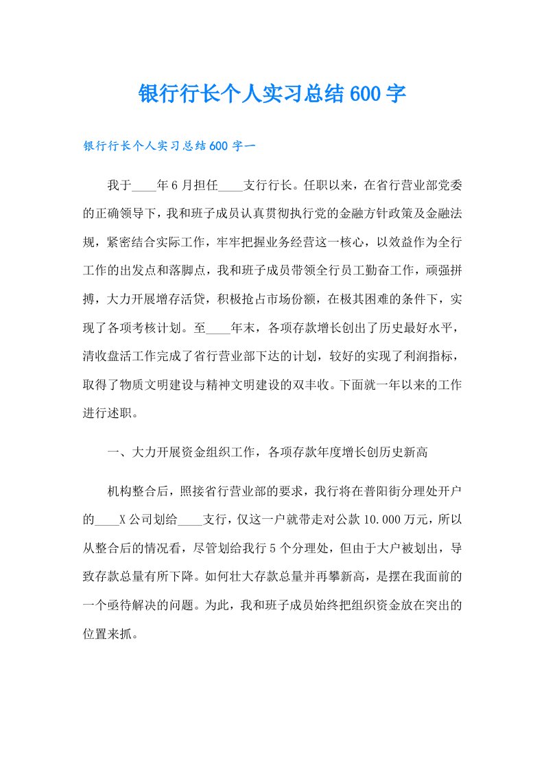 银行行长个人实习总结600字