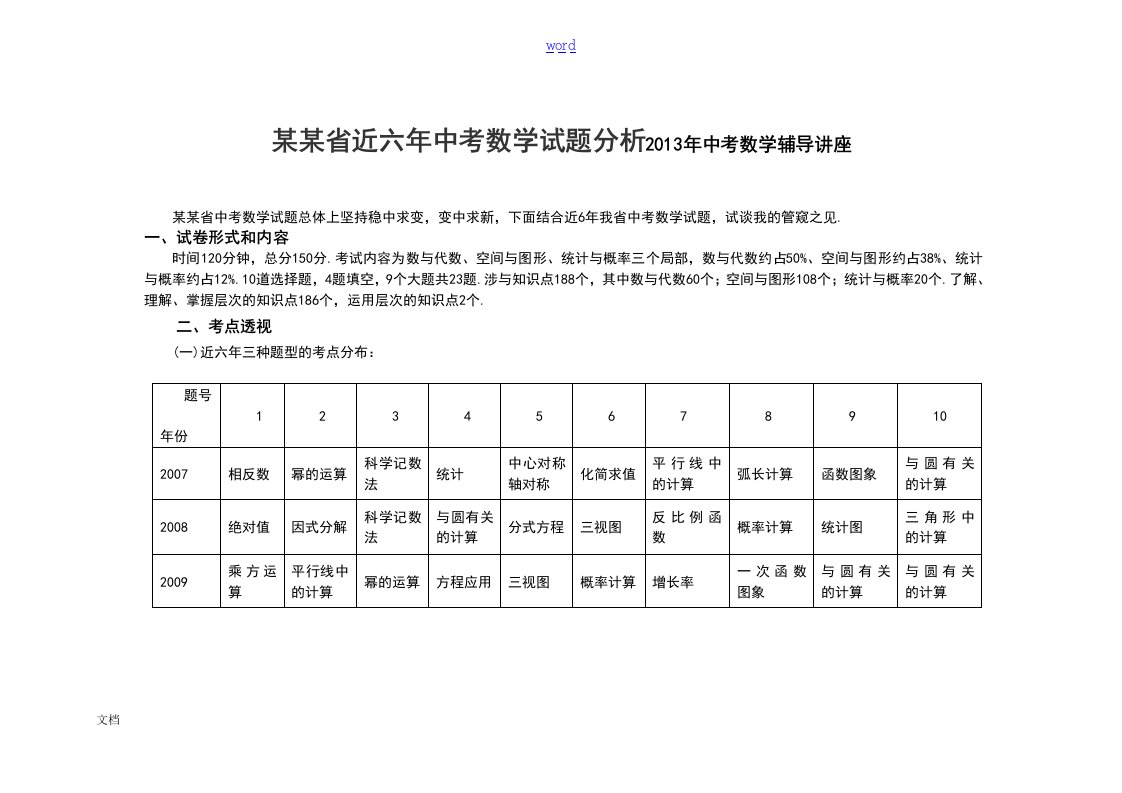 安徽省近五年中考数学试题分析报告