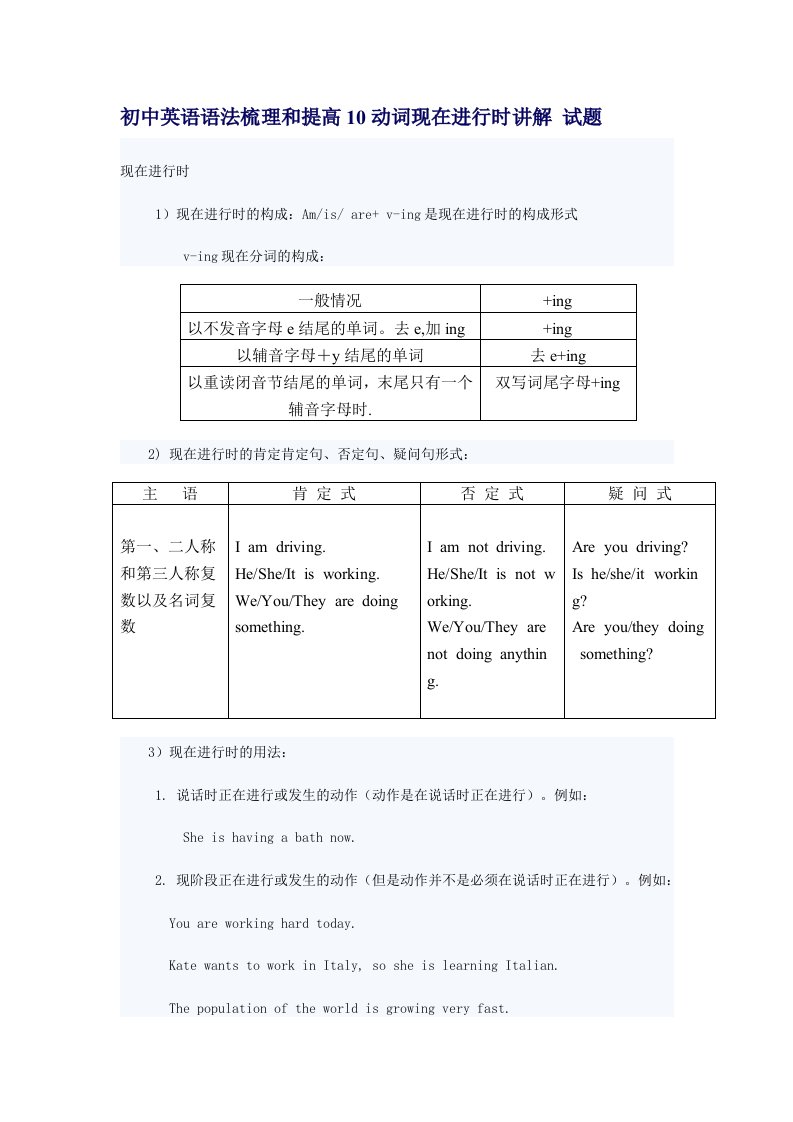 初中英语语法梳理和提高10动词现在进行时讲解试题