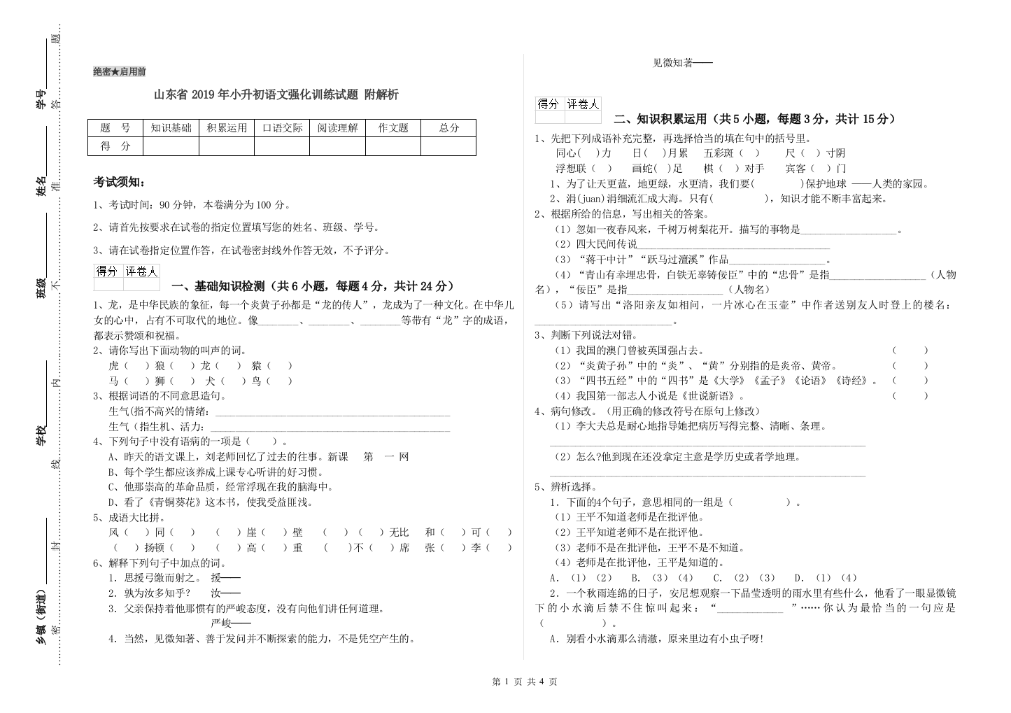 山东省2019年小升初语文强化训练试题-附解析