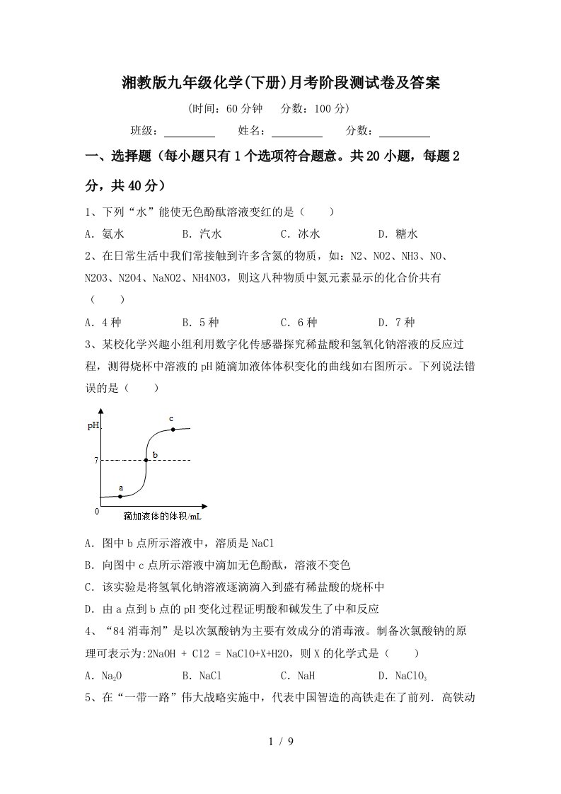 湘教版九年级化学下册月考阶段测试卷及答案