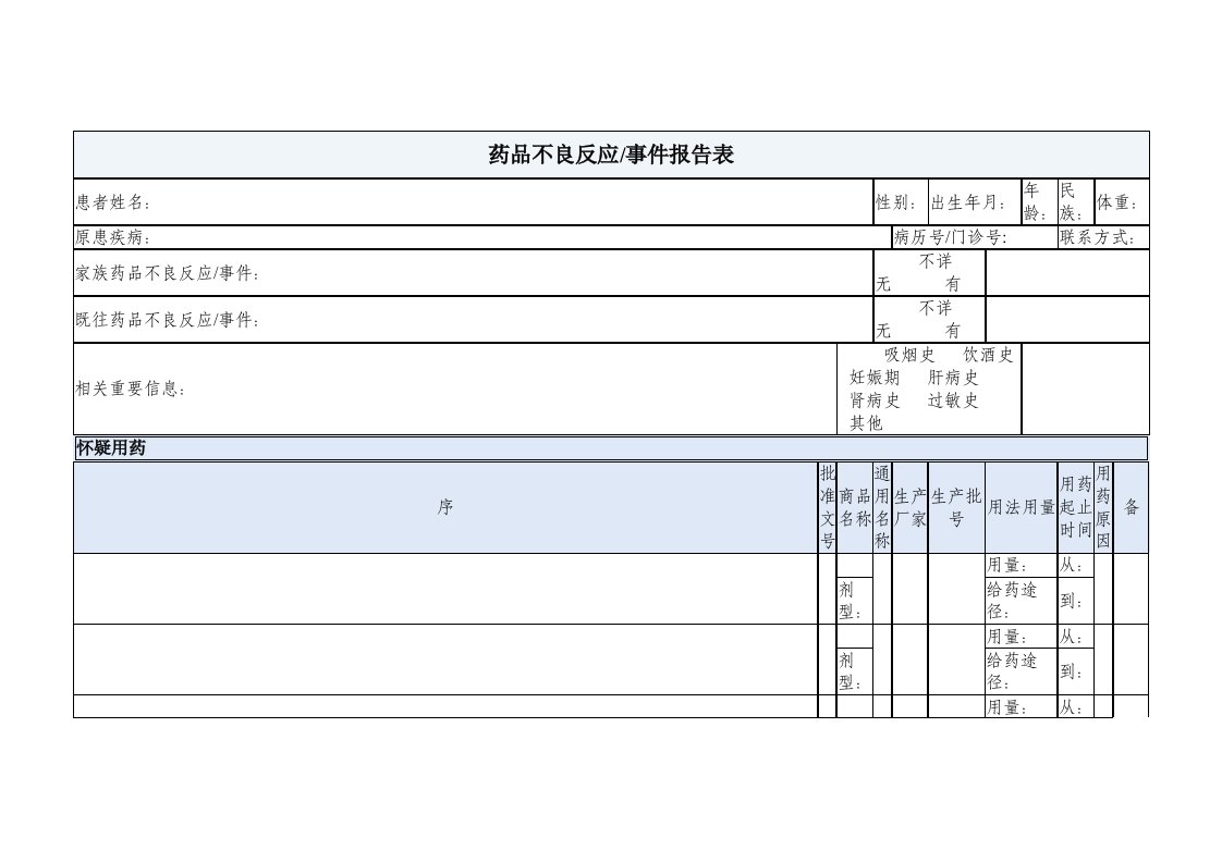 药品不良反应事件报告表