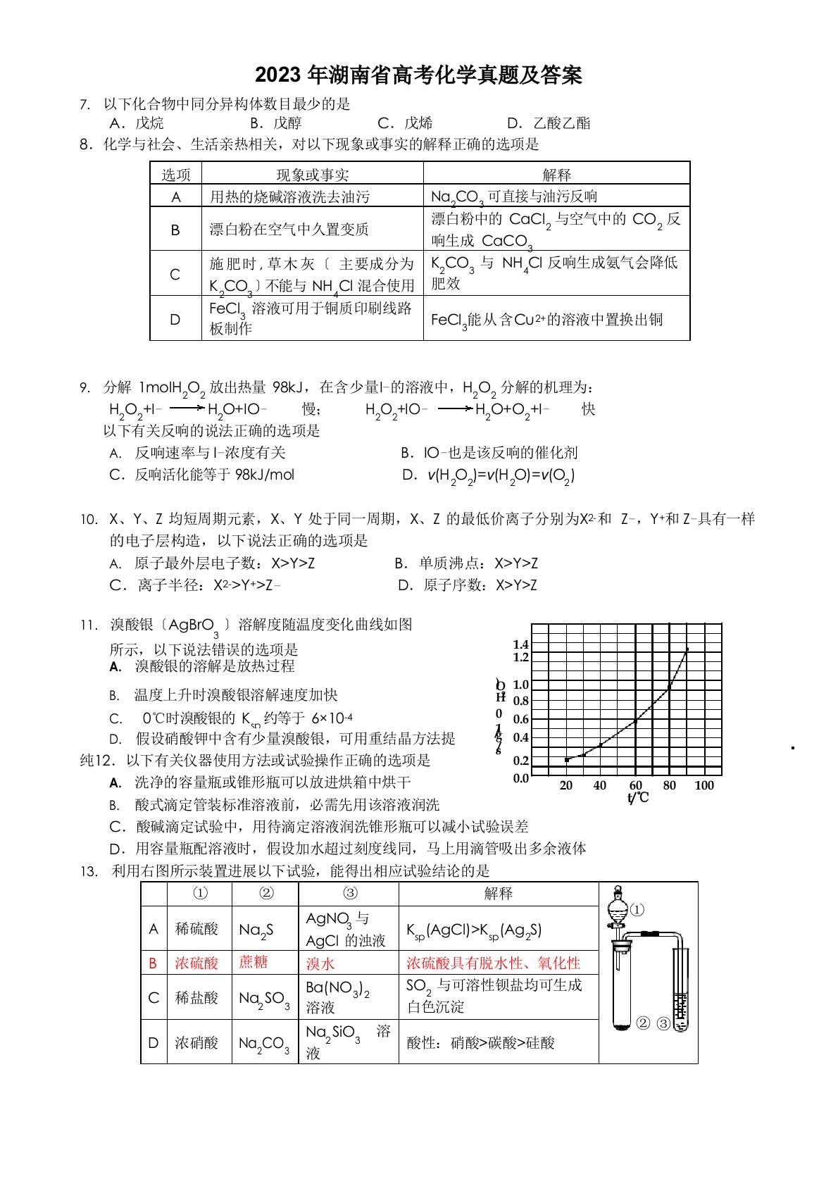 2023年湖南省高考化学真题及答案