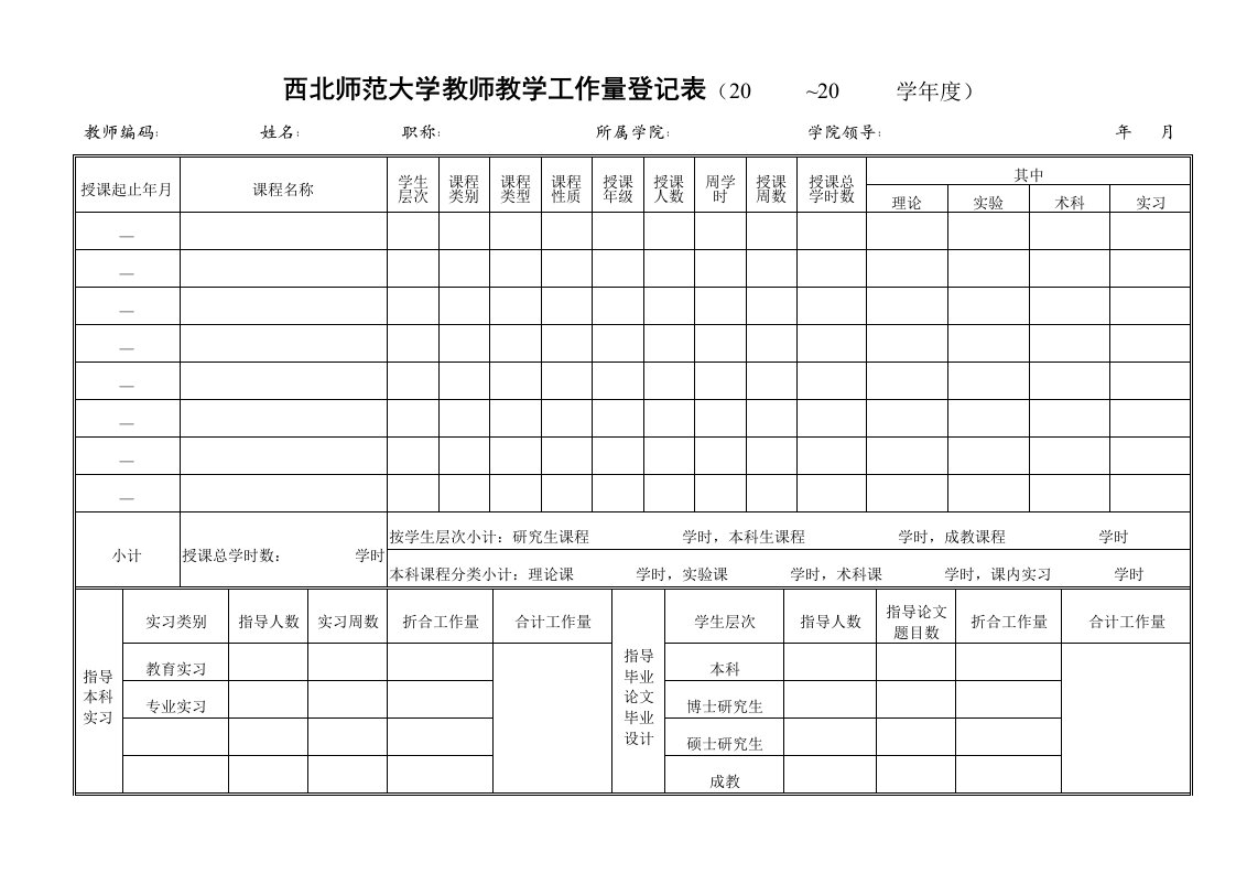 西北师范大学教师教学工作量登记表20~20学年度