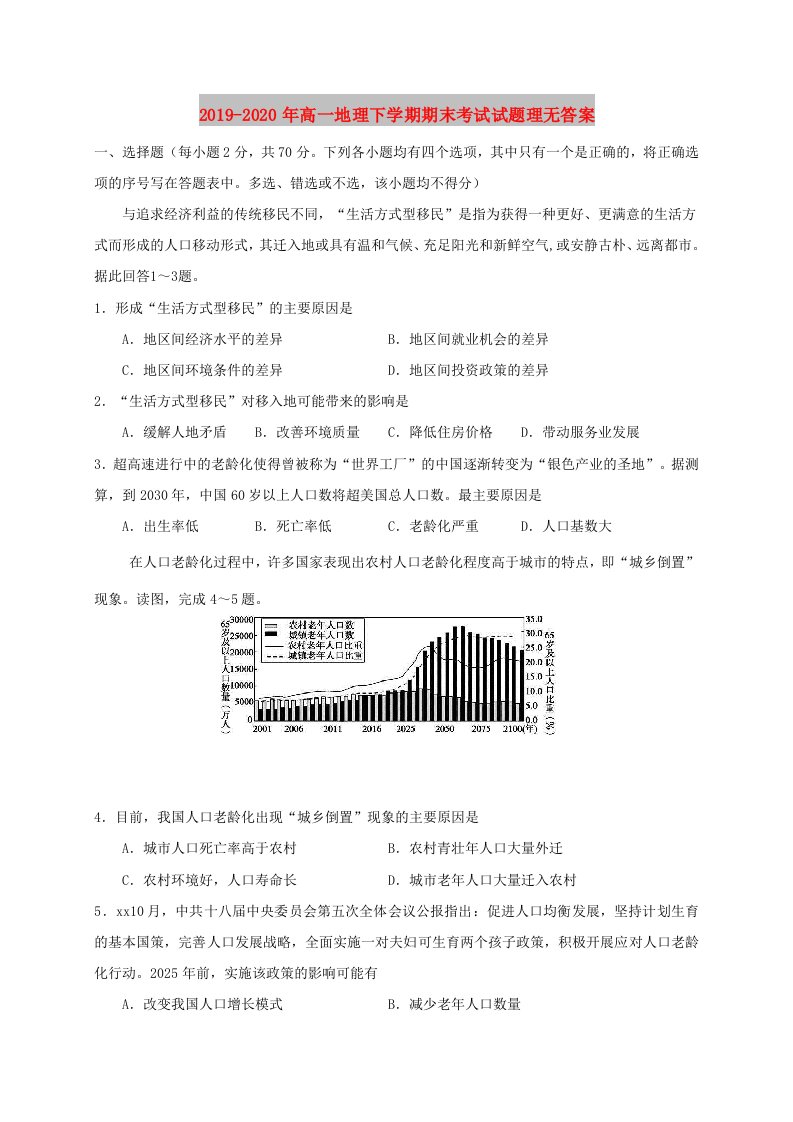 2019-2020年高一地理下学期期末考试试题理无答案