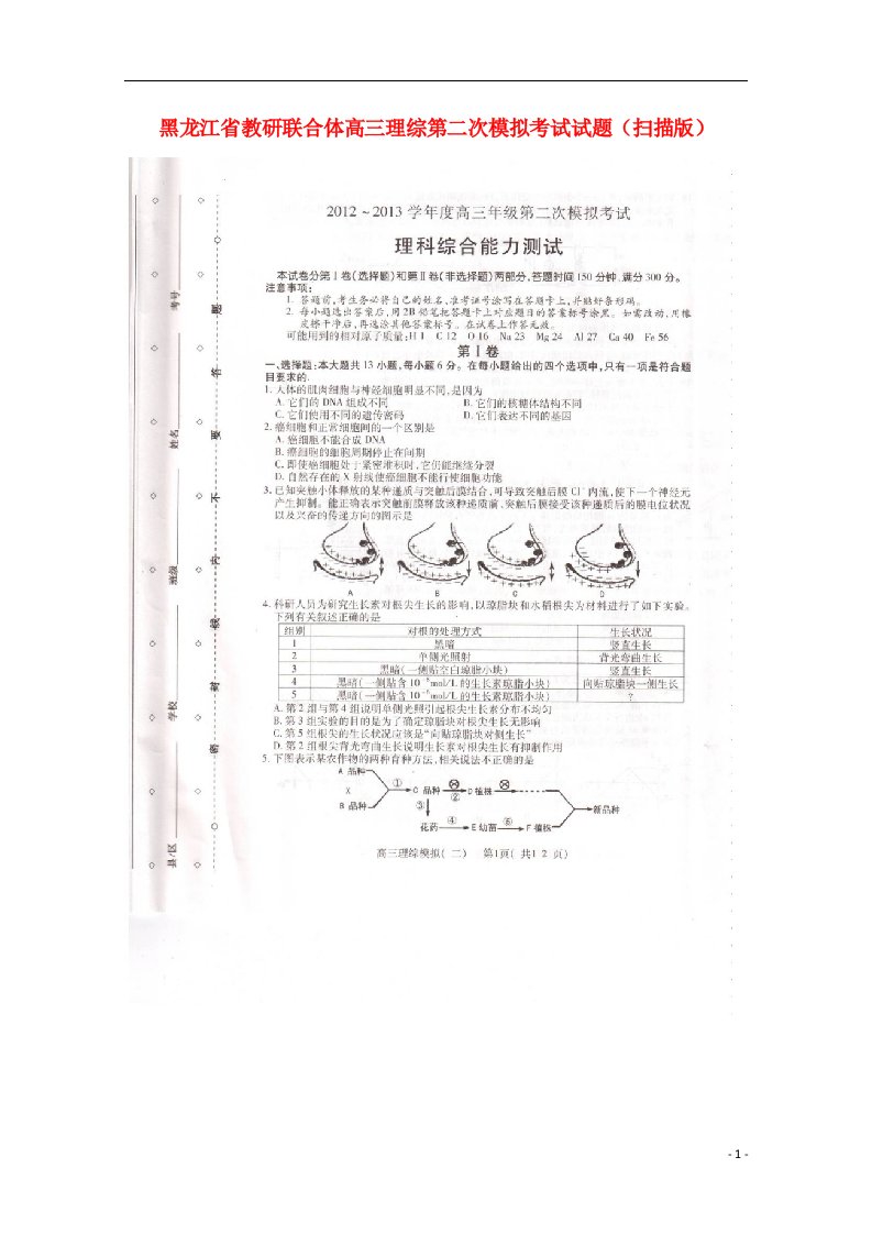 黑龙江省教研联合体高三理综第二次模拟考试试题（扫描版）