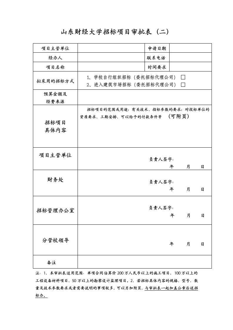 山东财经大学招标项目审批表(二)