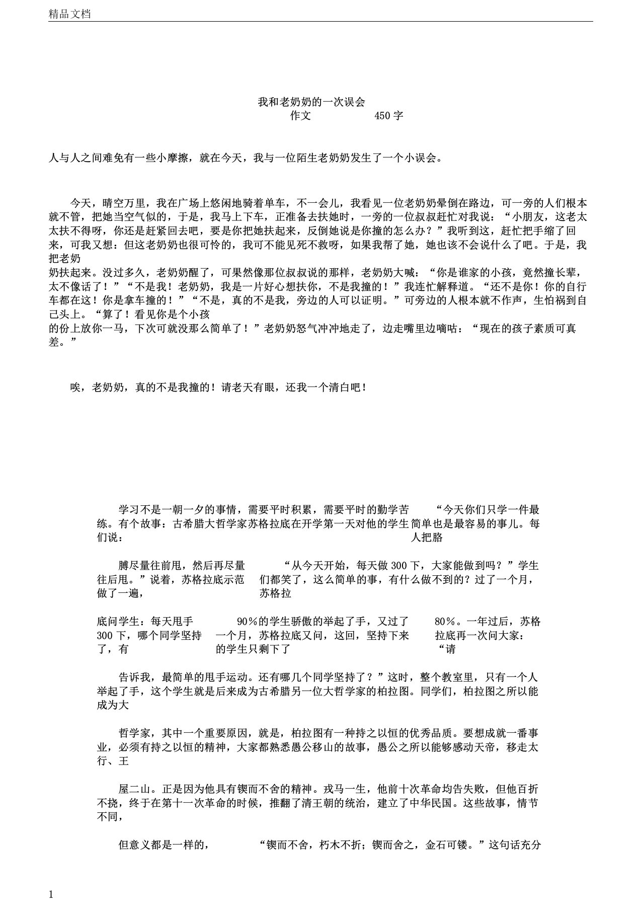 我和老奶奶的一次误会作文450字正式版