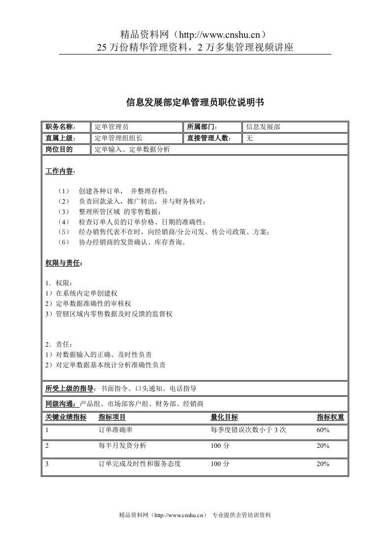 体育用品行业-信息发展部-定单管理员岗位说明书