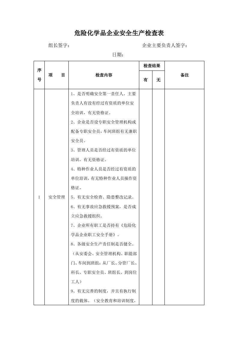 危险化学品企业安全生产检查表