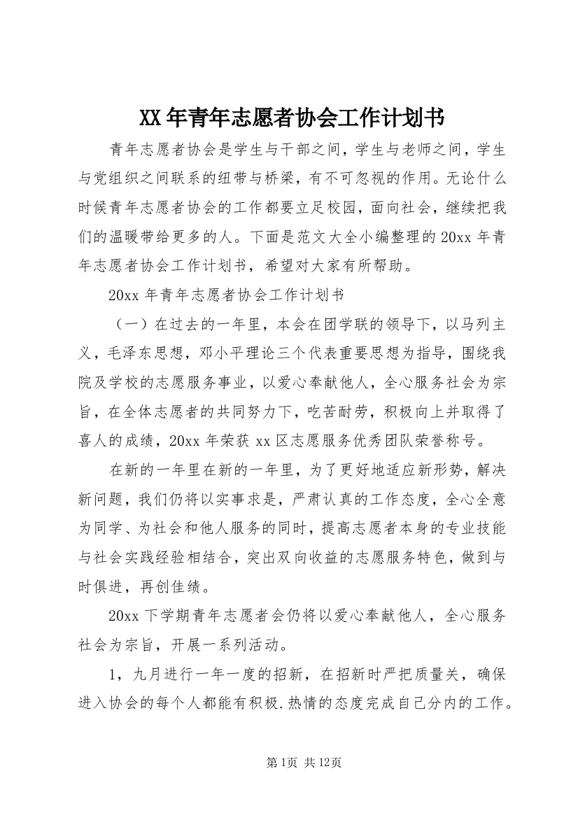 XX年青年志愿者协会工作计划书