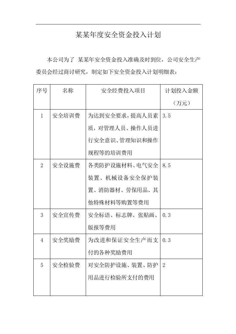 安全资金投入计划