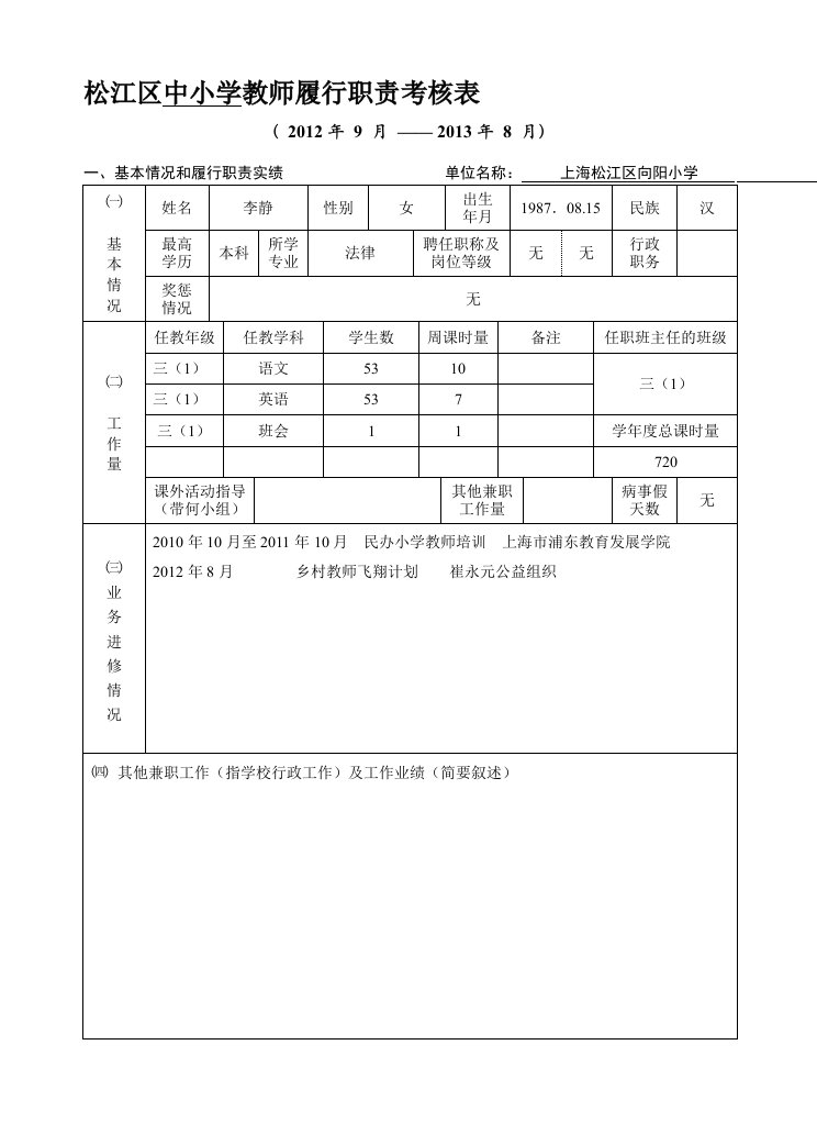 松江区中小学教师履行职责考核表