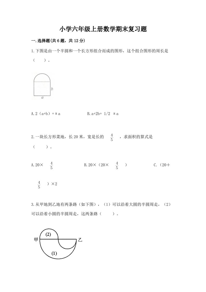 小学六年级上册数学期末复习题及一套答案