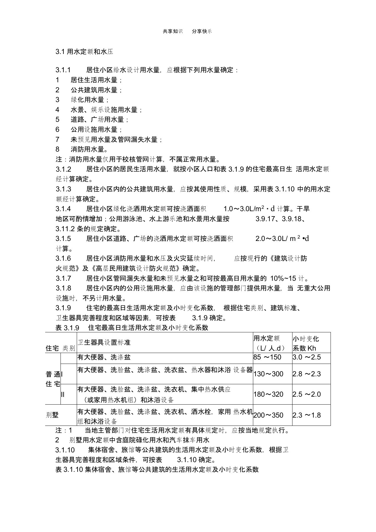 用水定额及标准