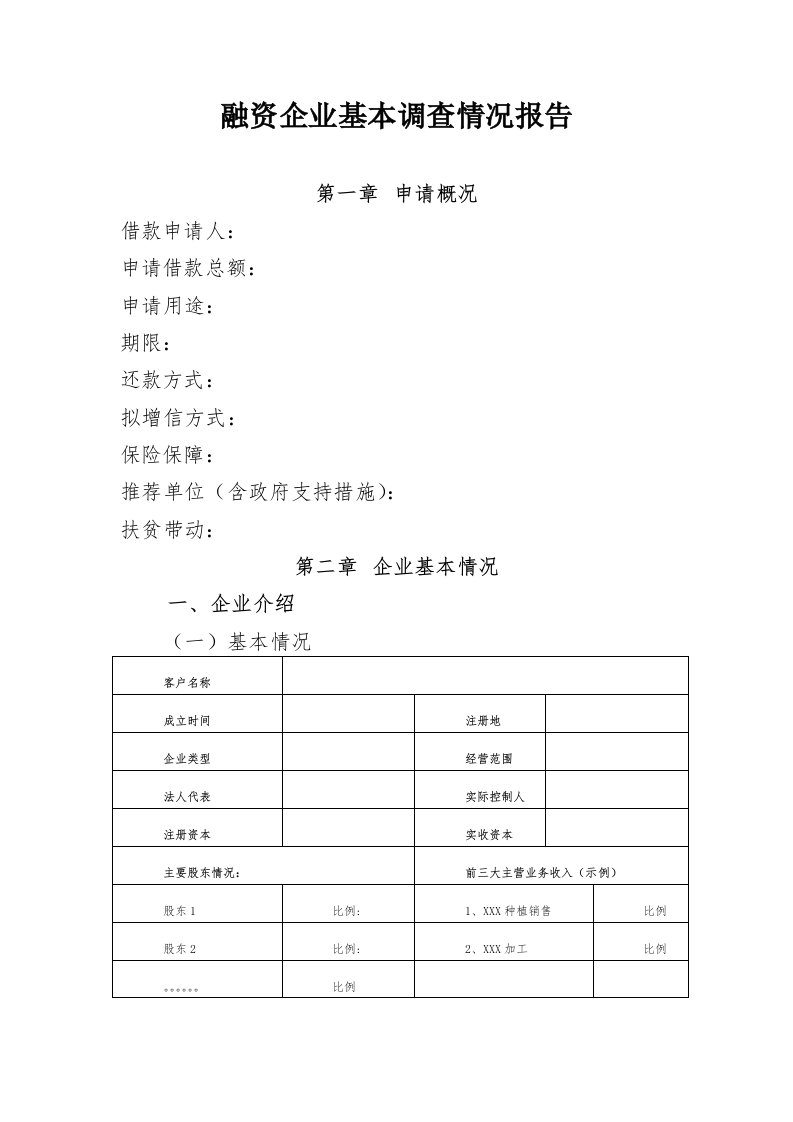 融资企业基本调查情况报告(提供外部使用)