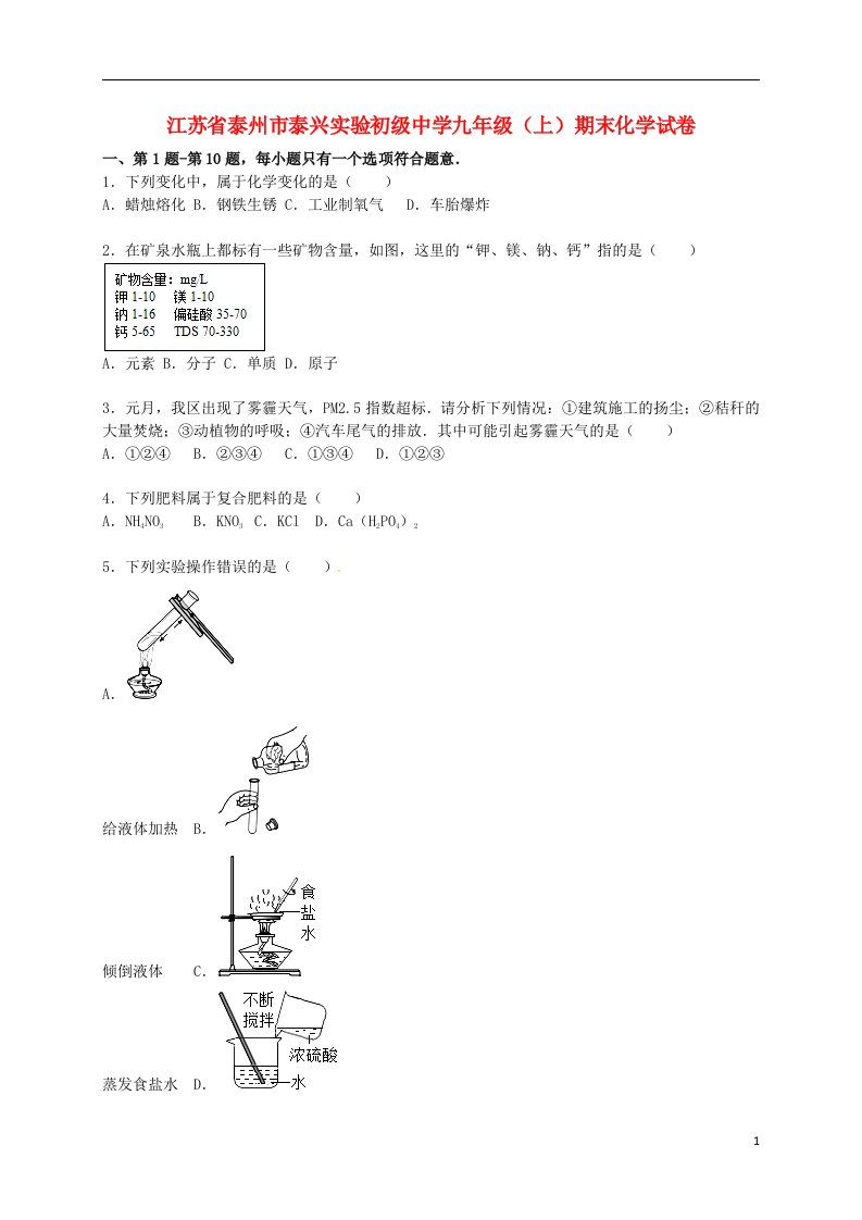 江苏省泰州市泰兴实验初级中学九级化学上学期期末试题（含解析）