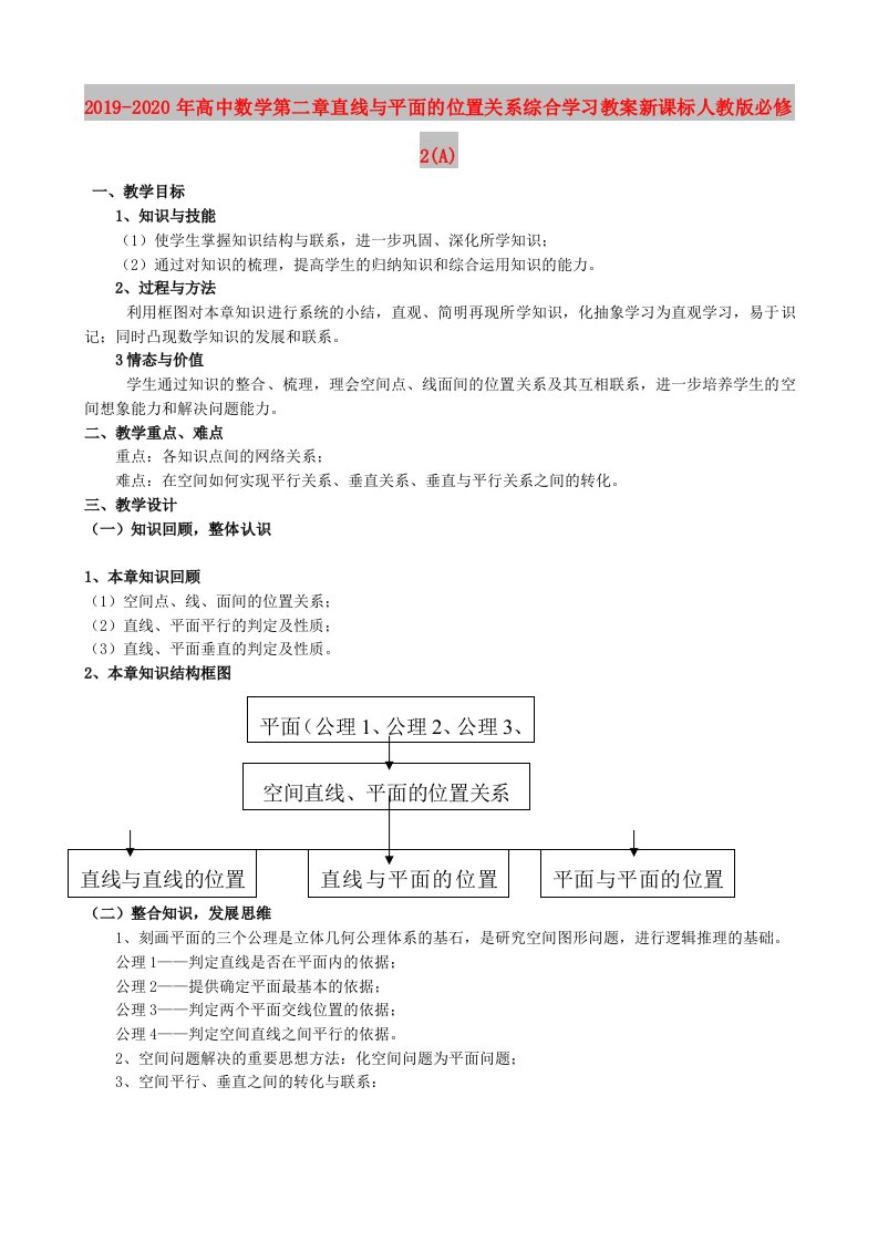 2019-2020年高中数学第二章直线与平面的位置关系综合学习教案新课标人教版必修2(A)