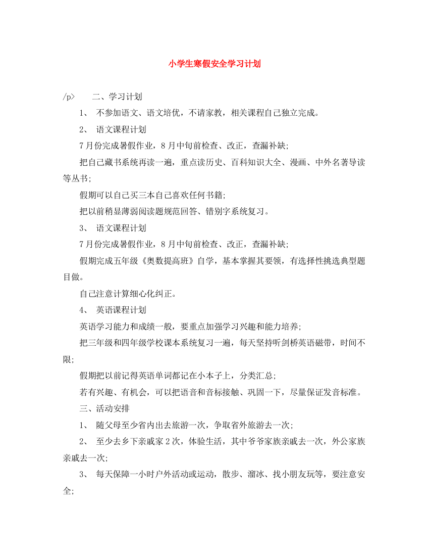 精编之小学生寒假安全学习计划