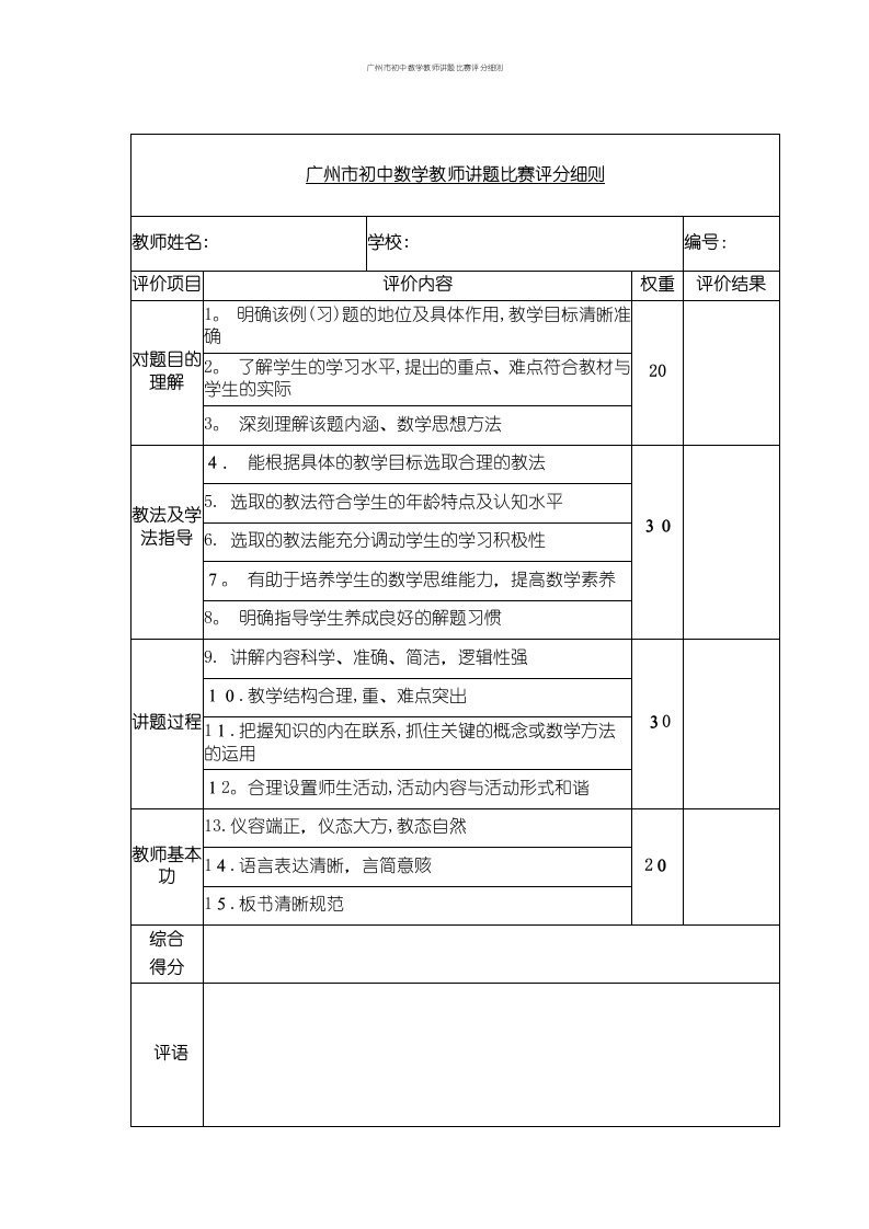 广州市初中数学教师讲题比赛评分细则